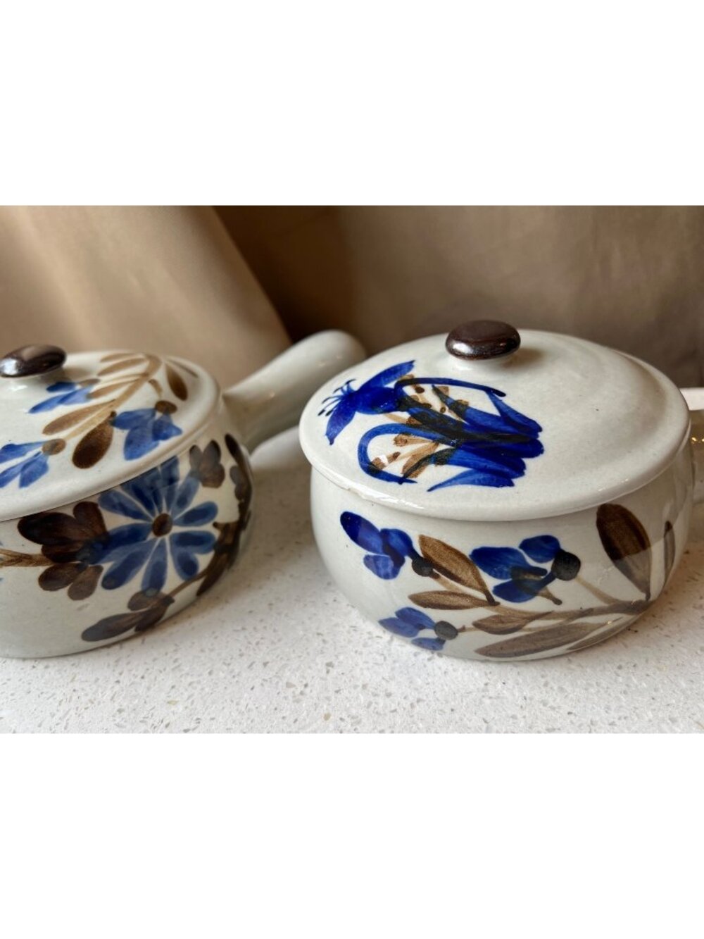 Ceramic Soup Bowls Lids & Handles Speckled Gray Blue Floral Ovenproof Set Of 2